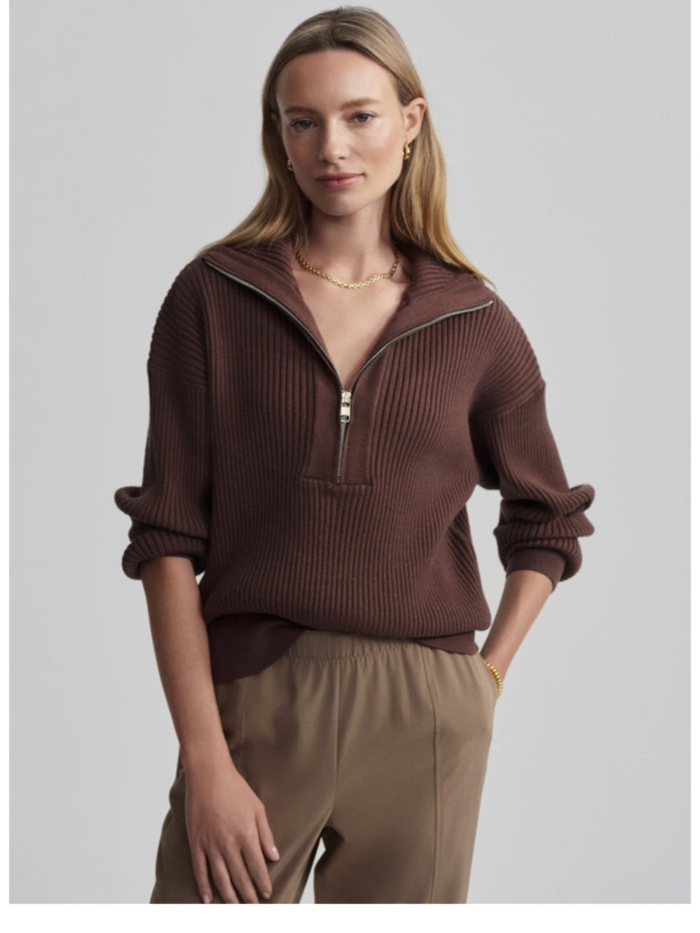Varley Brown Ribbed Half-Zip Turtleneck Sweater